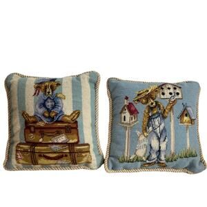 Vtg Teddy Bear Pillow Set Needlepoint Bird Houses Suitcase Cottage Handcrafted